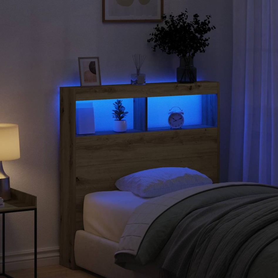 Cabecero de cama con LED roble artesanal 100x17x102