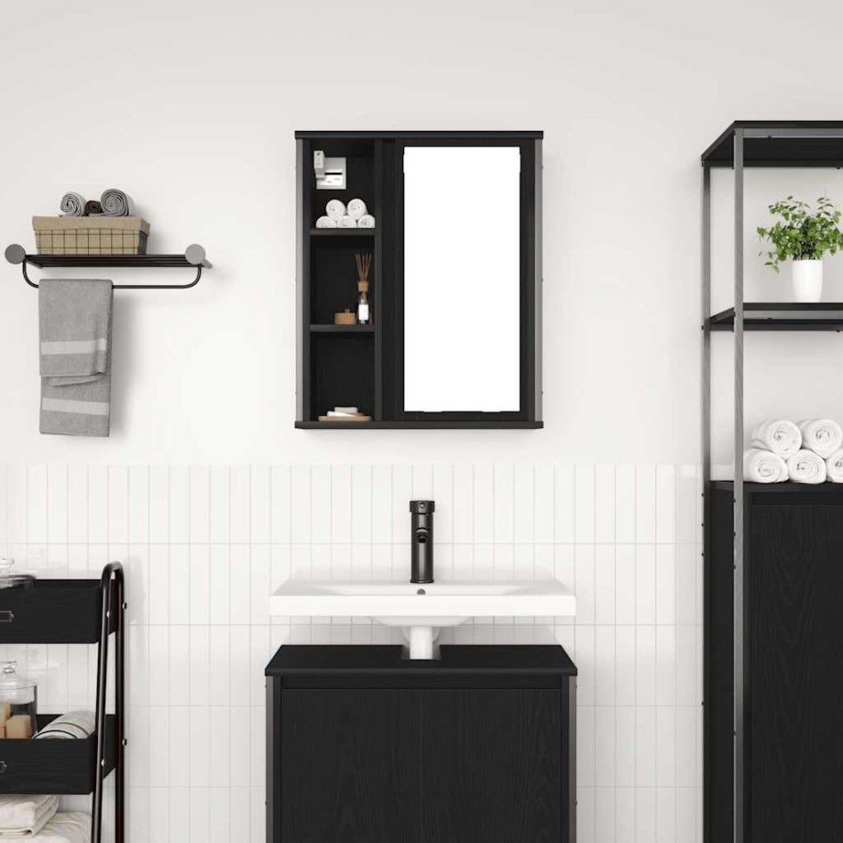 Mueble de baño de pared con espejo roble negro 50x21x60