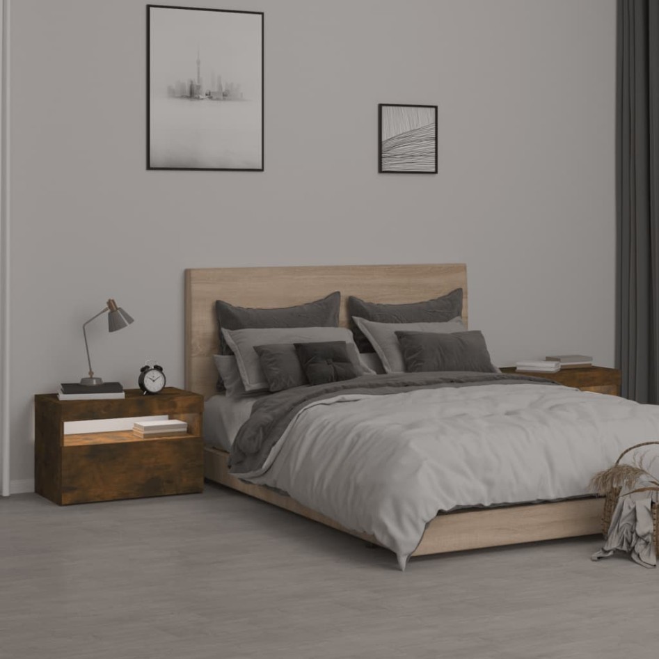 Mesitas de noche con luces LED 2 uds roble ahumado 60x35x40