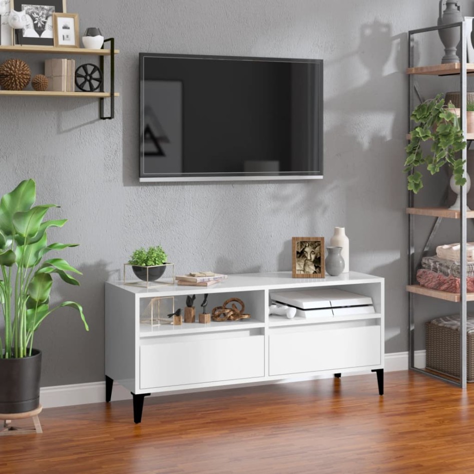 Mueble de TV madera contrachapada blanco brillo