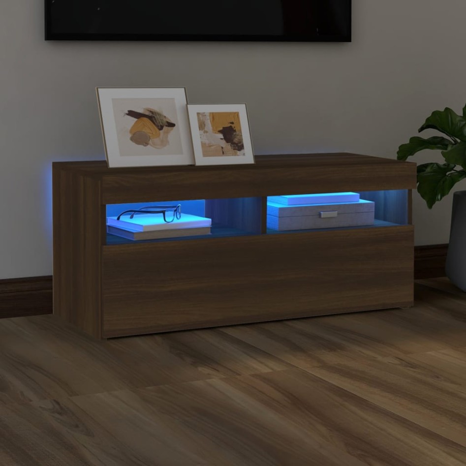 Mueble de TV con luces LED roble marrón 90x35x40