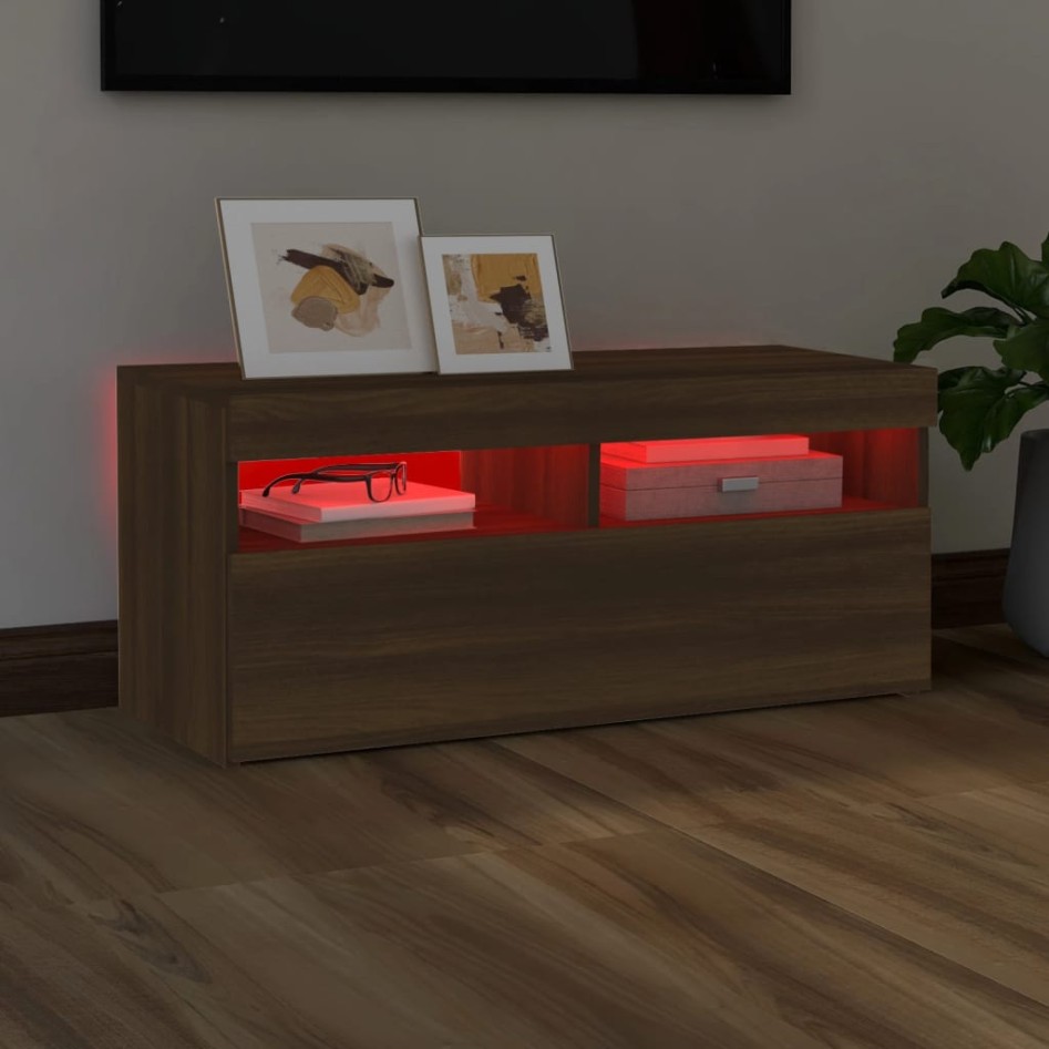Mueble de TV con luces LED roble marrón 90x35x40