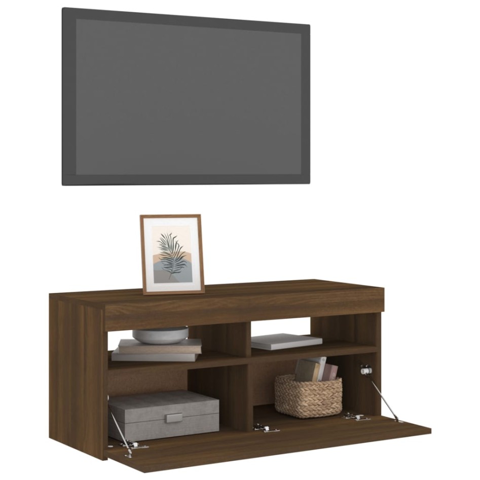 Mueble de TV con luces LED roble marrón 90x35x40