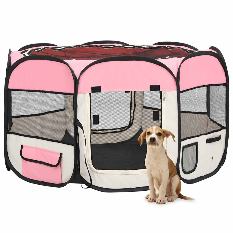 Parque de perros plegable y bolsa transporte rosa