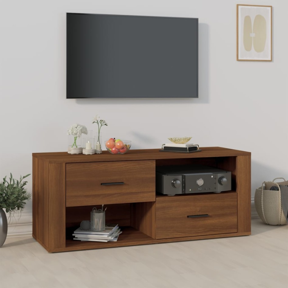 Mueble TV madera contrachapada color marrón roble 100x35x40