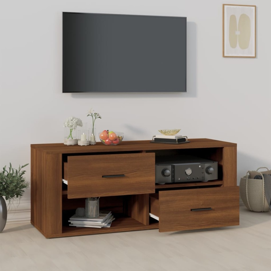 Mueble TV madera contrachapada color marrón roble 100x35x40