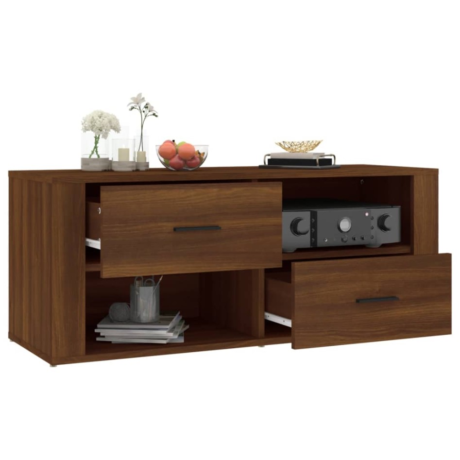 Mueble TV madera contrachapada color marrón roble 100x35x40