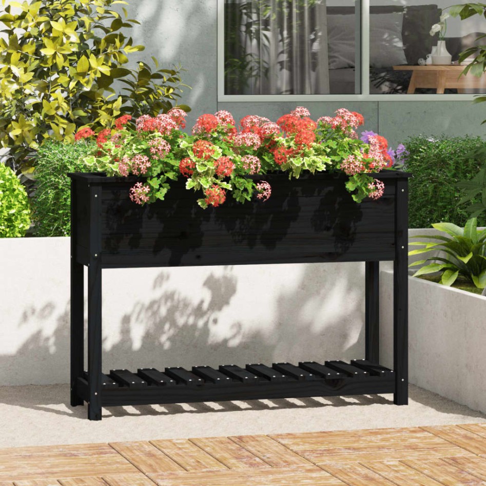 Jardinera con estante madera maciza pino negro 111,5x34,5x81