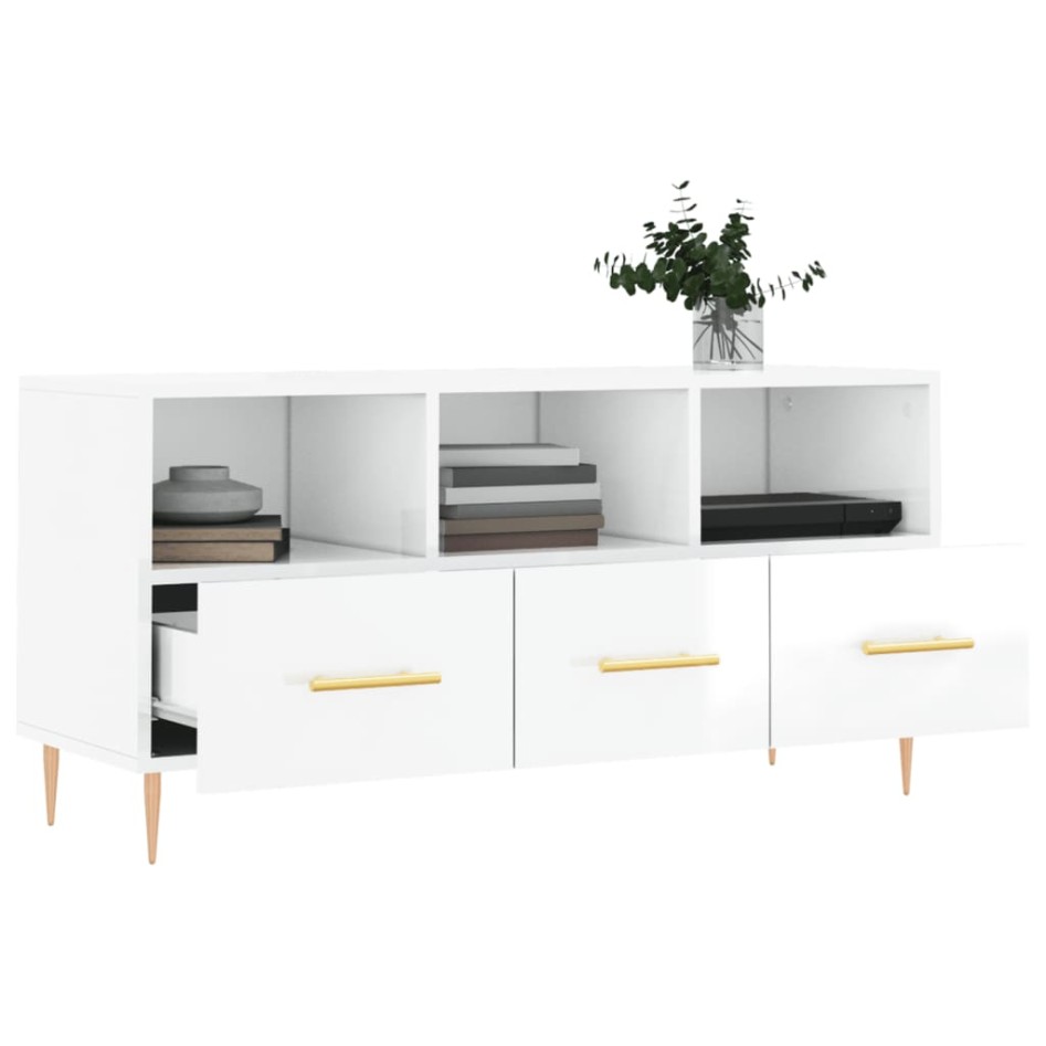 Mueble de TV madera contrachapada blanco brillo 102x36x50