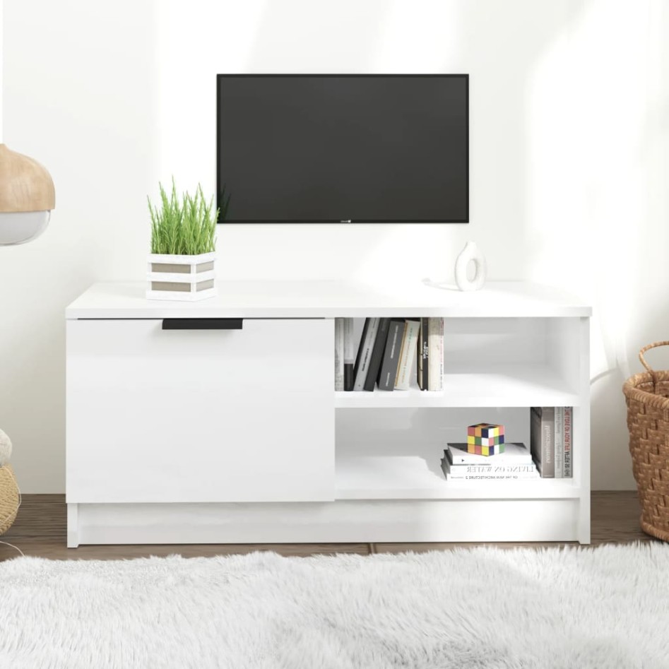 Mueble de TV madera contrachapada blanco brillante
