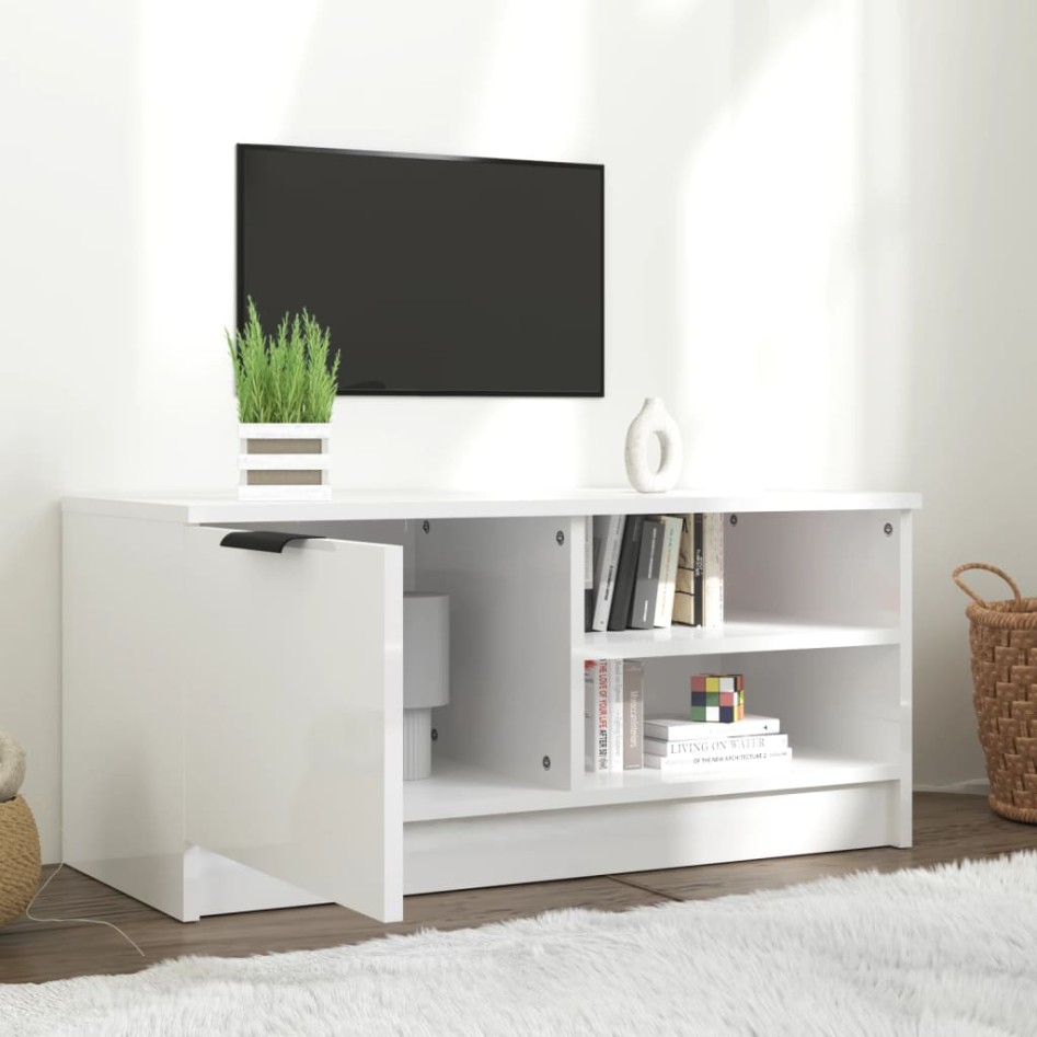 Mueble de TV madera contrachapada blanco brillante