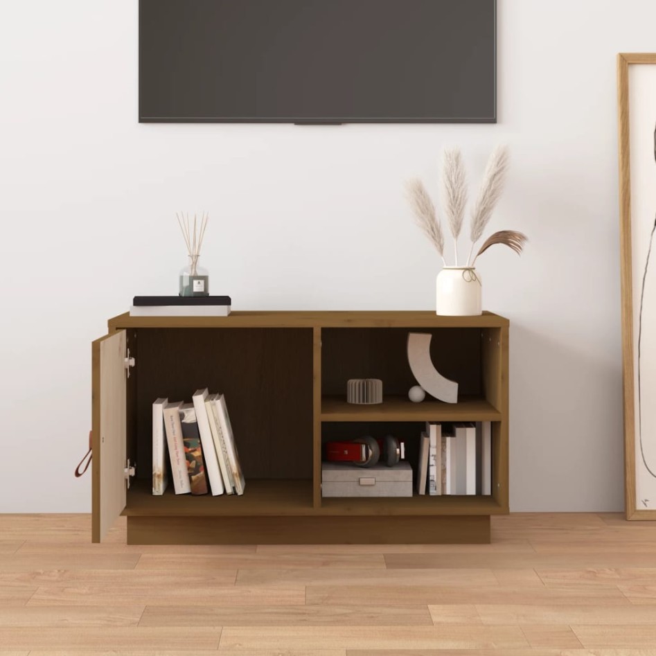 Mueble de TV madera maciza de pino marrón miel 70x34x40