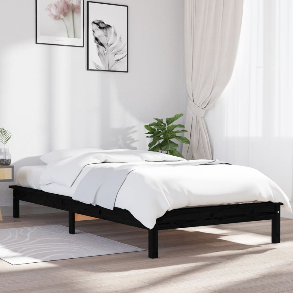 Estructura de cama madera maciza de pino negra 90x200