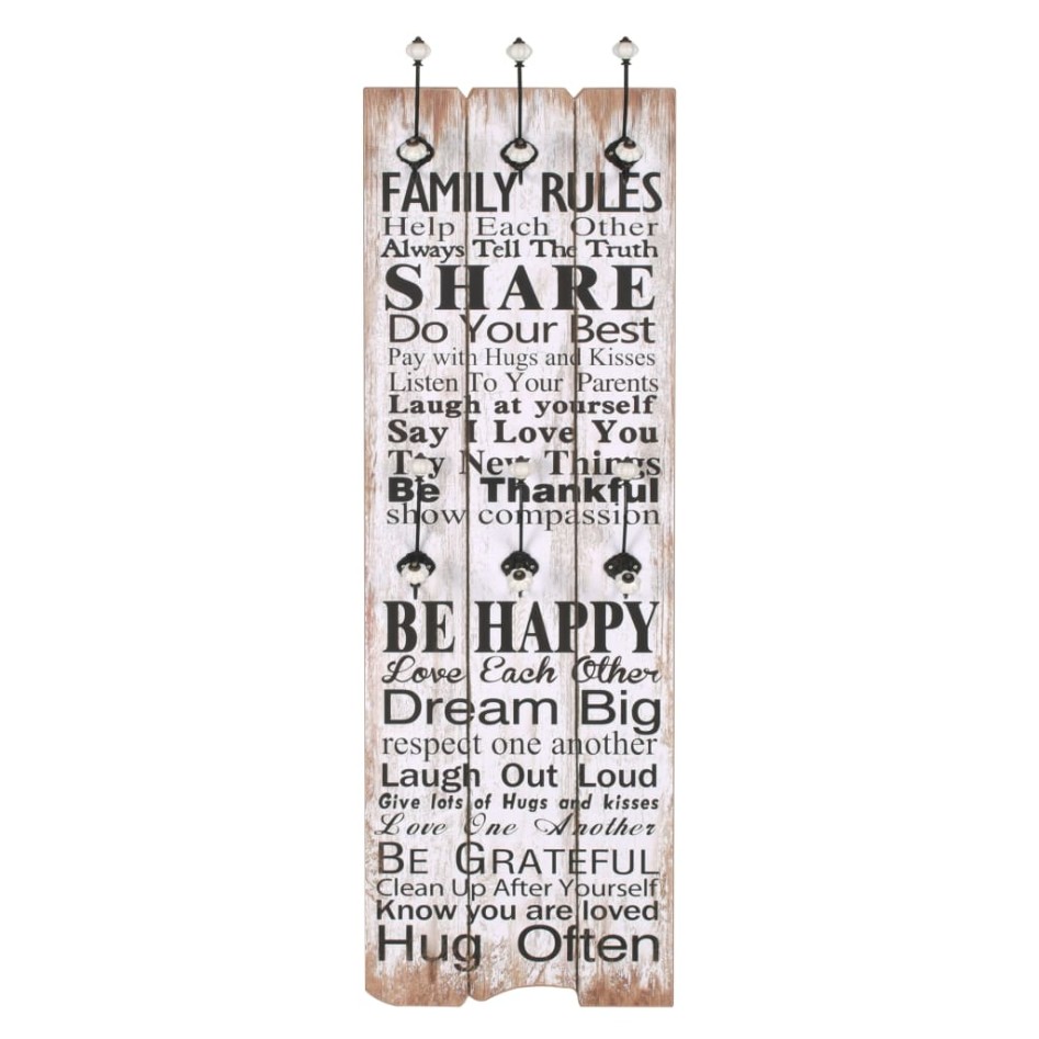 Perchero de pared FAMILY RULES con 6 ganchos 120x40