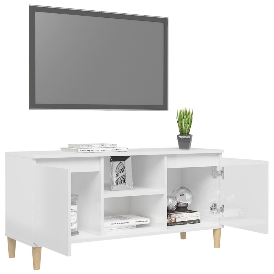 Mueble de TV patas madera pino blanco con brillo 103,5x35x50