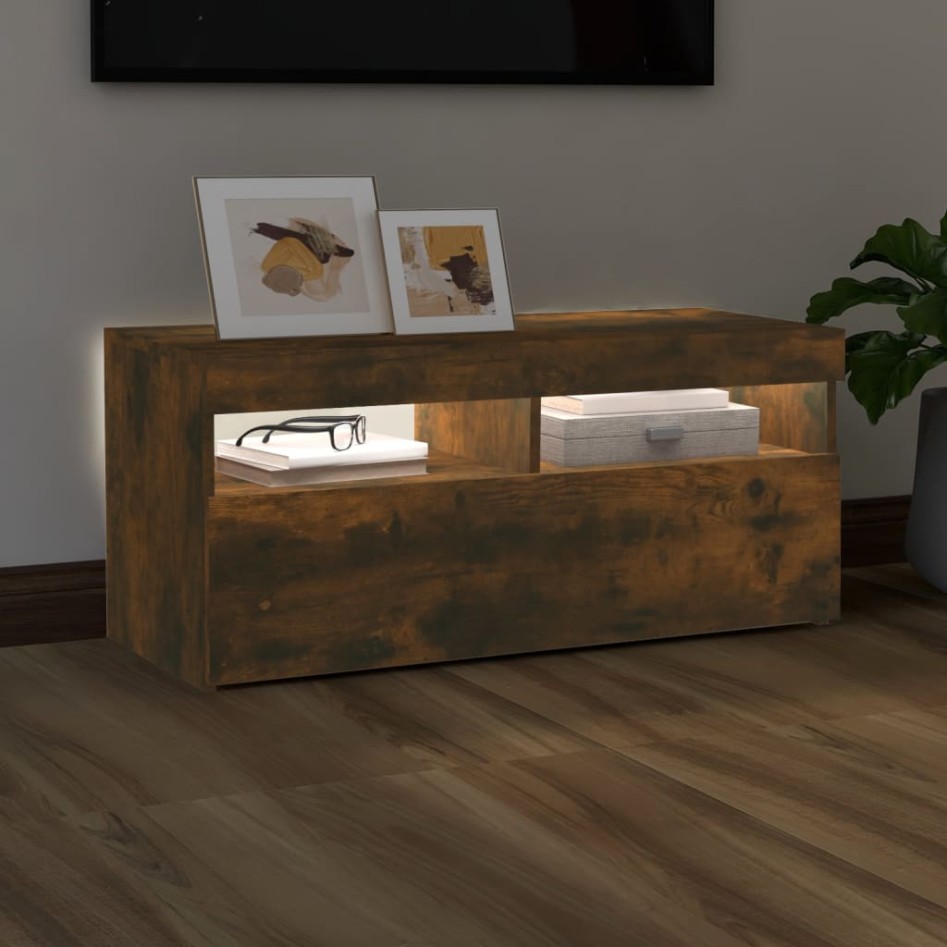 Mueble de TV con luces LED roble ahumado 90x35x40