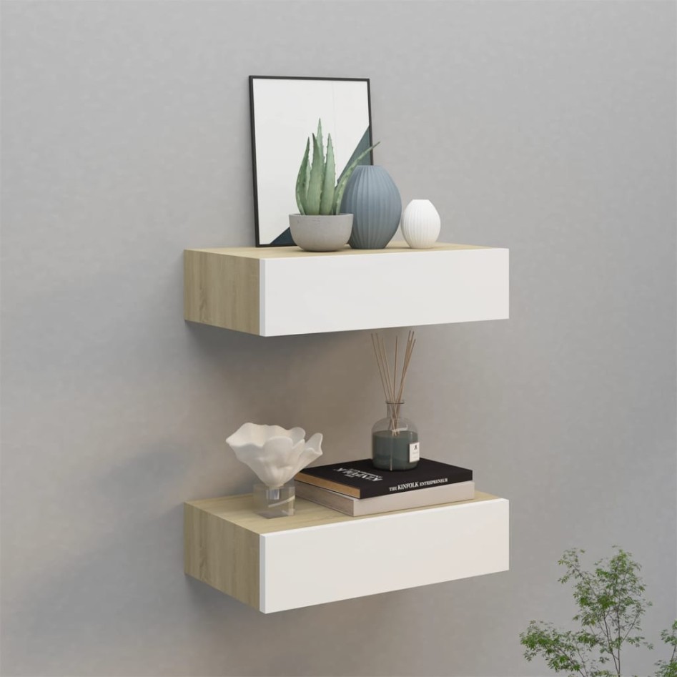 Estantes de pared con cajón 2 uds MDF roble/blanco
