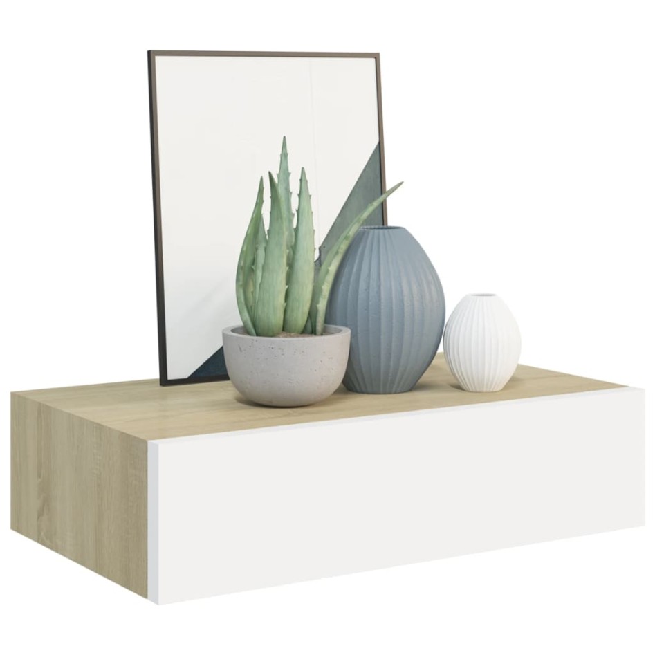 Estantes de pared con cajón 2 uds MDF roble/blanco