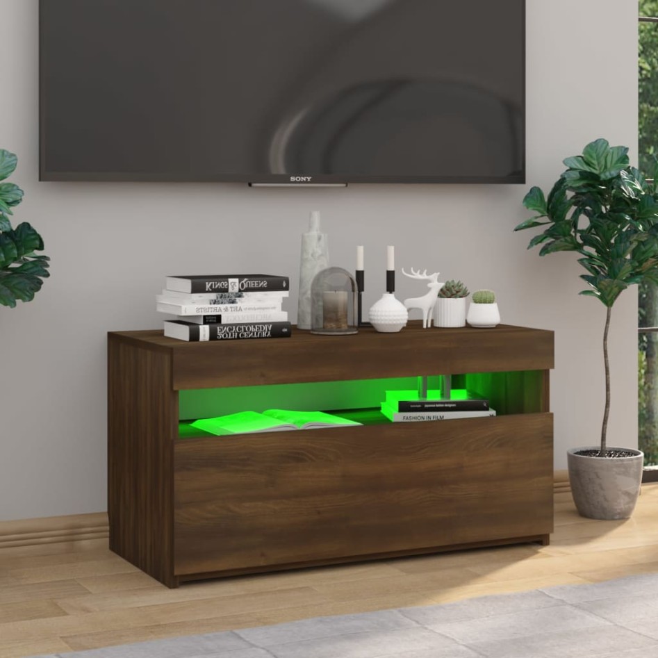 Mueble de TV con luces LED roble marrón 75x35x40