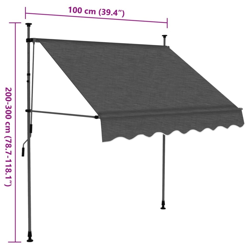 Toldo manual retráctil con LED gris antracita 100