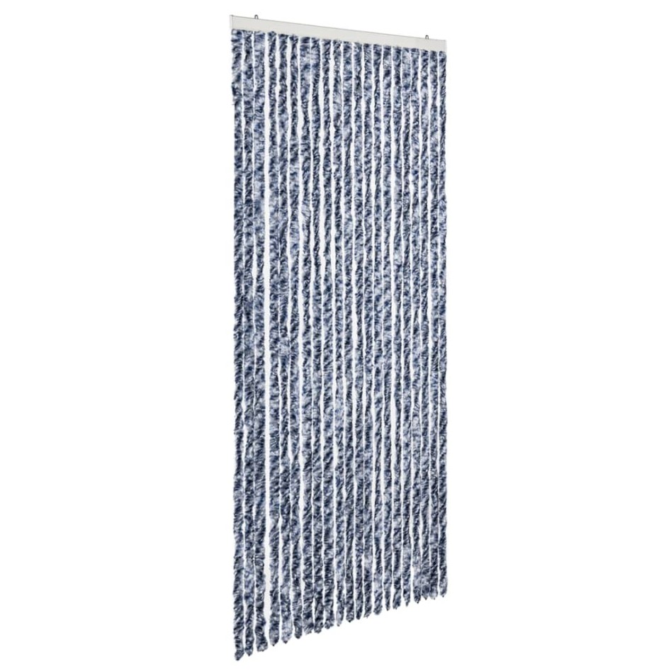 Cortina mosquitera chenilla azul blanco y plateado 90x220