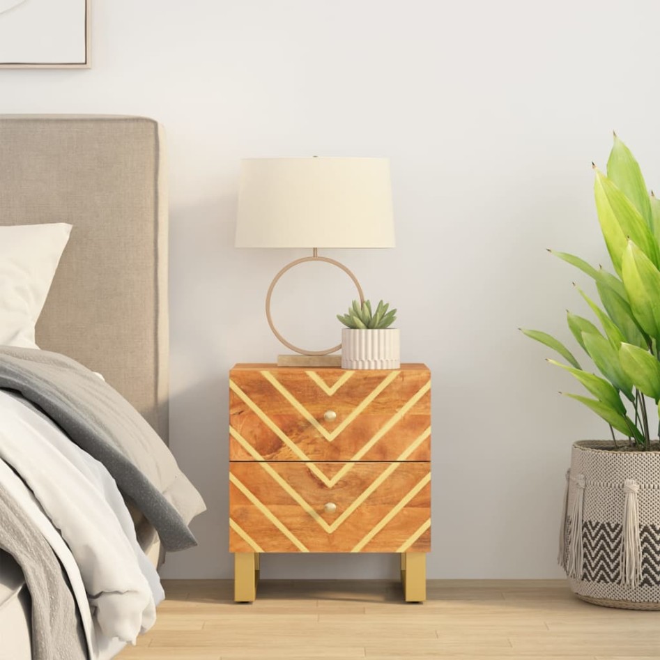 Mesita de noche de madera maciza de mango marrón y