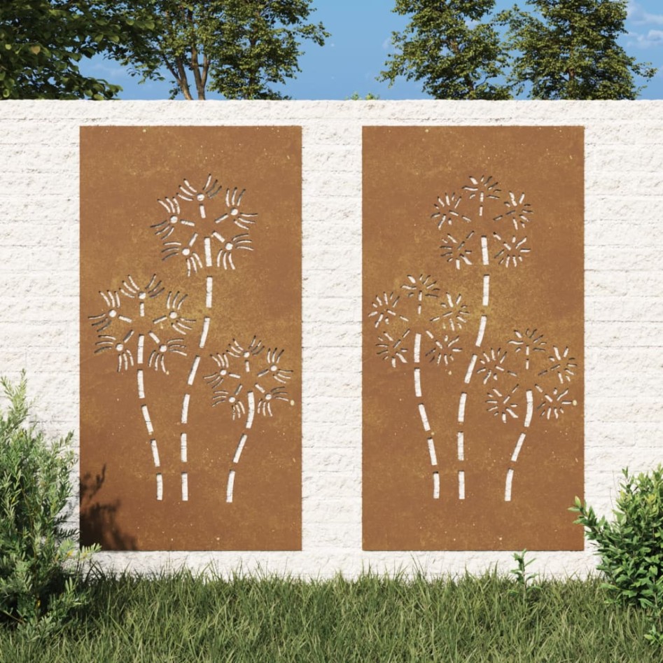 Adorno pared jardín 2 uds acero corten diseño flores 105x55