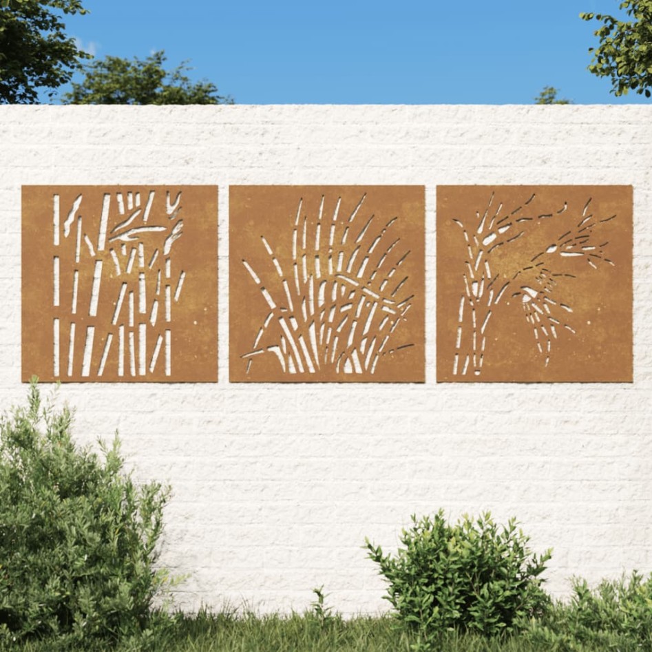 Adorno pared jardín 3 uds acero corten diseño hierba 55x55