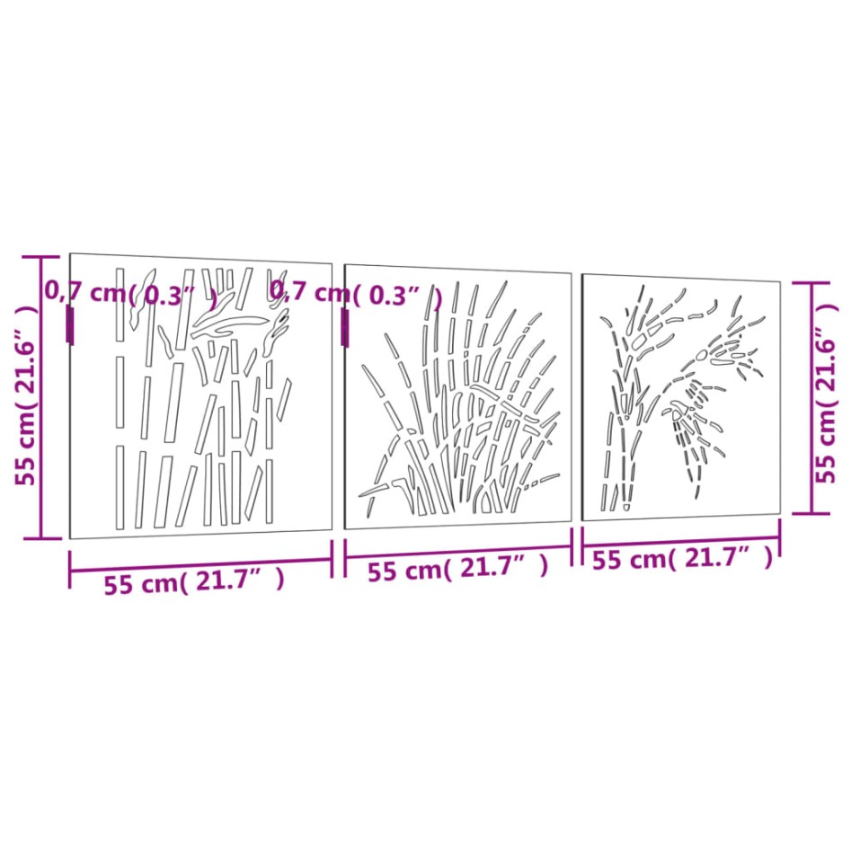 Adorno pared jardín 3 uds acero corten diseño hierba 55x55