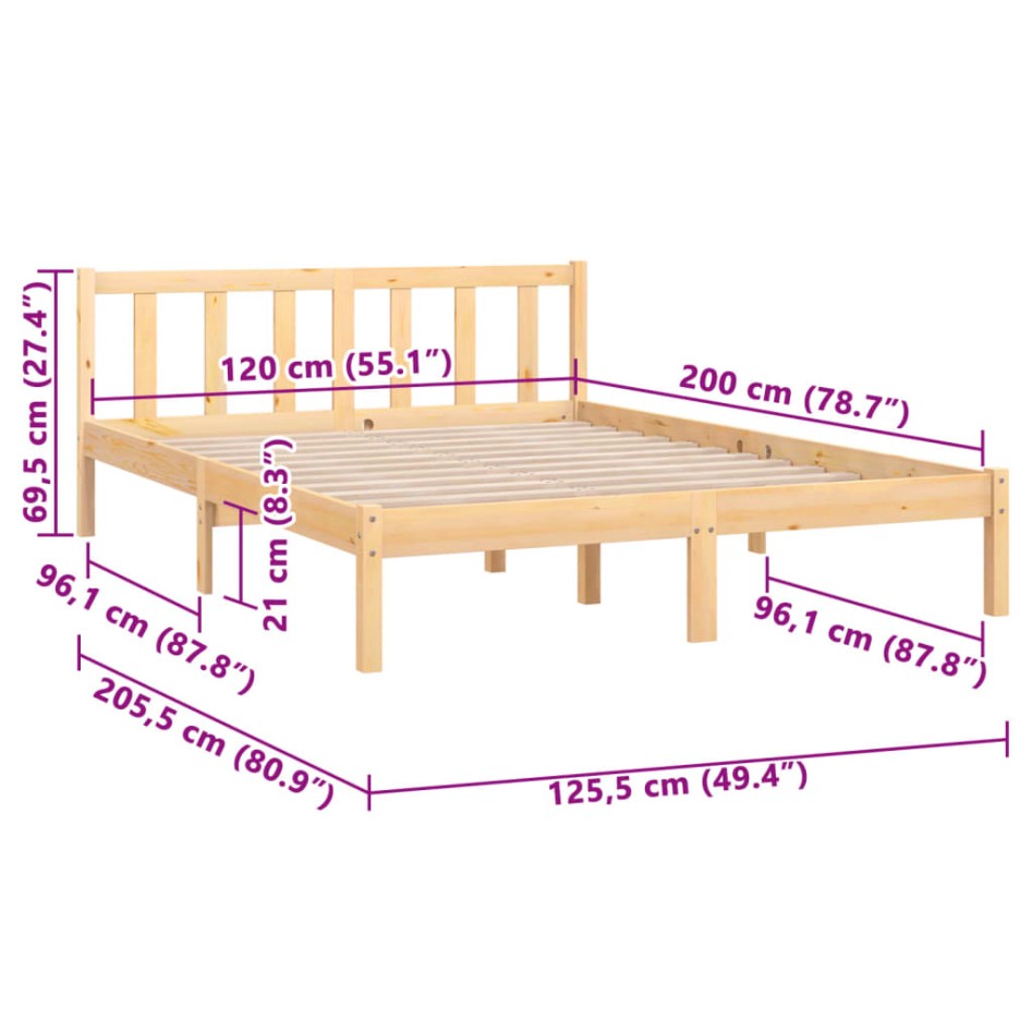 Estructura de cama sin colchón madera maciza 120x200