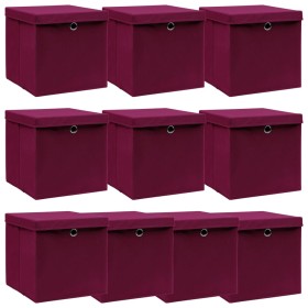 Caja de almacenaje con tapa 10 uds tela rojo oscuro 32x32x32