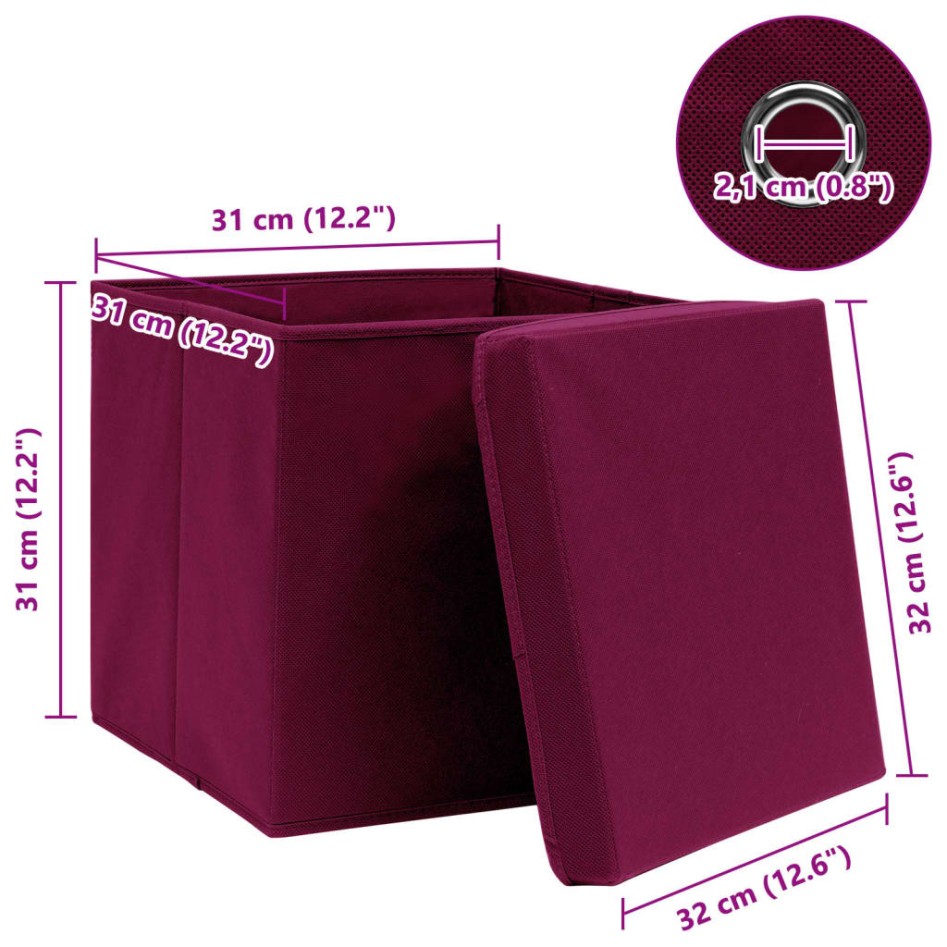 Caja de almacenaje con tapa 10 uds tela rojo oscuro 32x32x32
