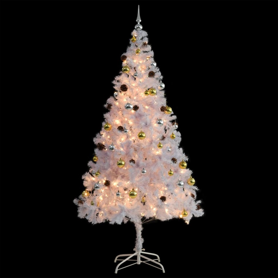 Árbol de Navidad preiluminado con luces y bolas blanco 210