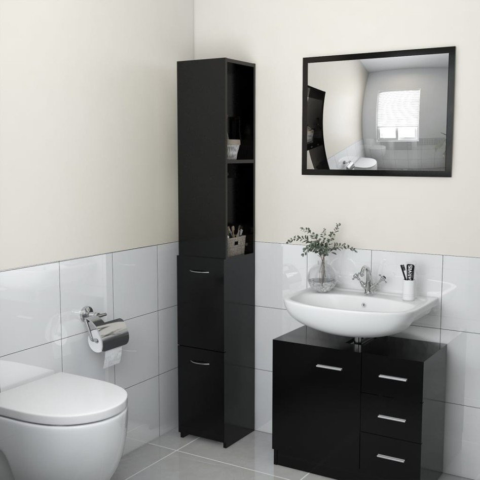 Armario de baño madera contrachapada negro 25x26,5x170