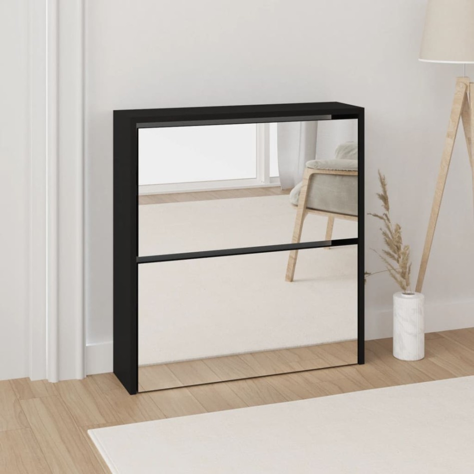 Mueble zapatero con espejo 2 niveles negro 63x17x67