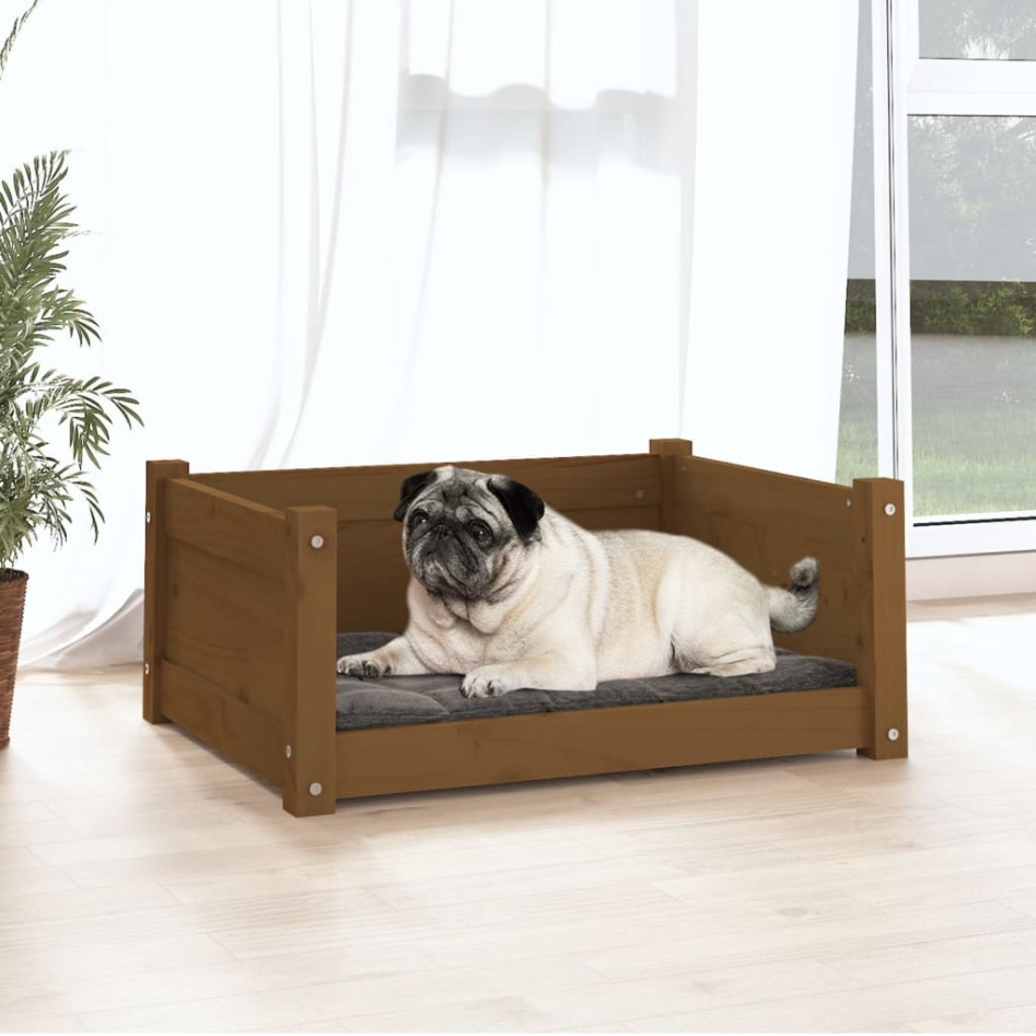 Cama para perros madera maciza pino marrón miel 65,5x50,5x28