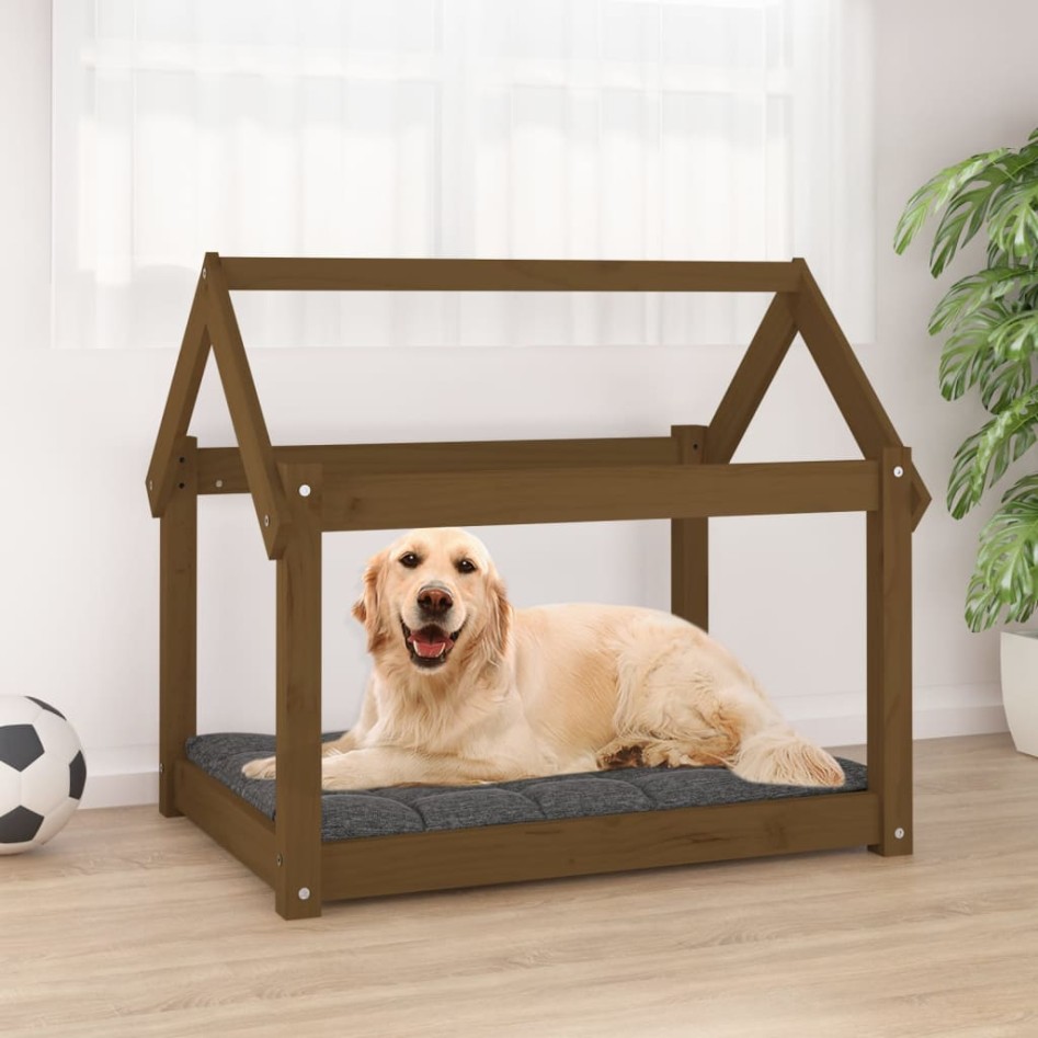 Cama para perros madera maciza pino marrón miel 81x60x70