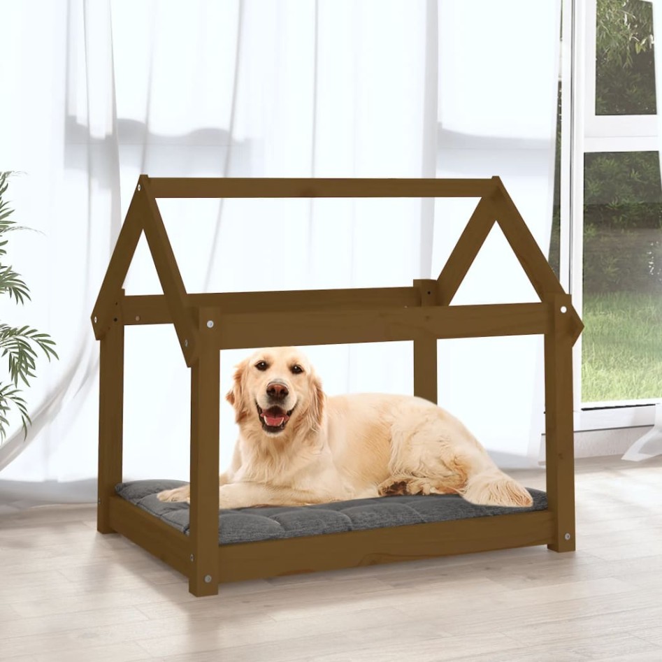 Cama para perros madera maciza pino marrón miel 81x60x70