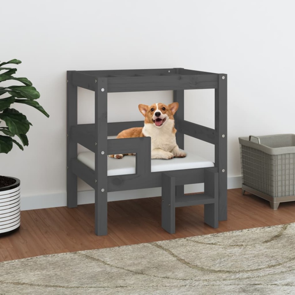 Cama para perros madera maciza de pino gris 55,5x53,5x60