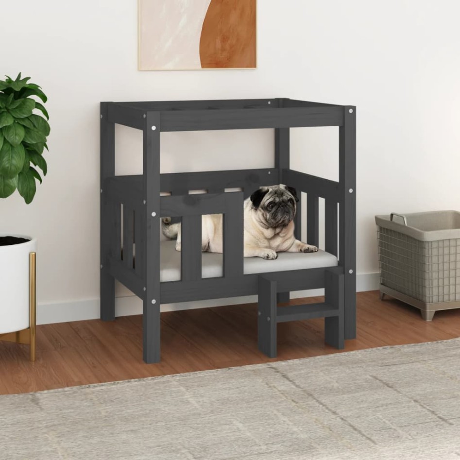 Cama para perros madera maciza de pino gris 65,5x43x70