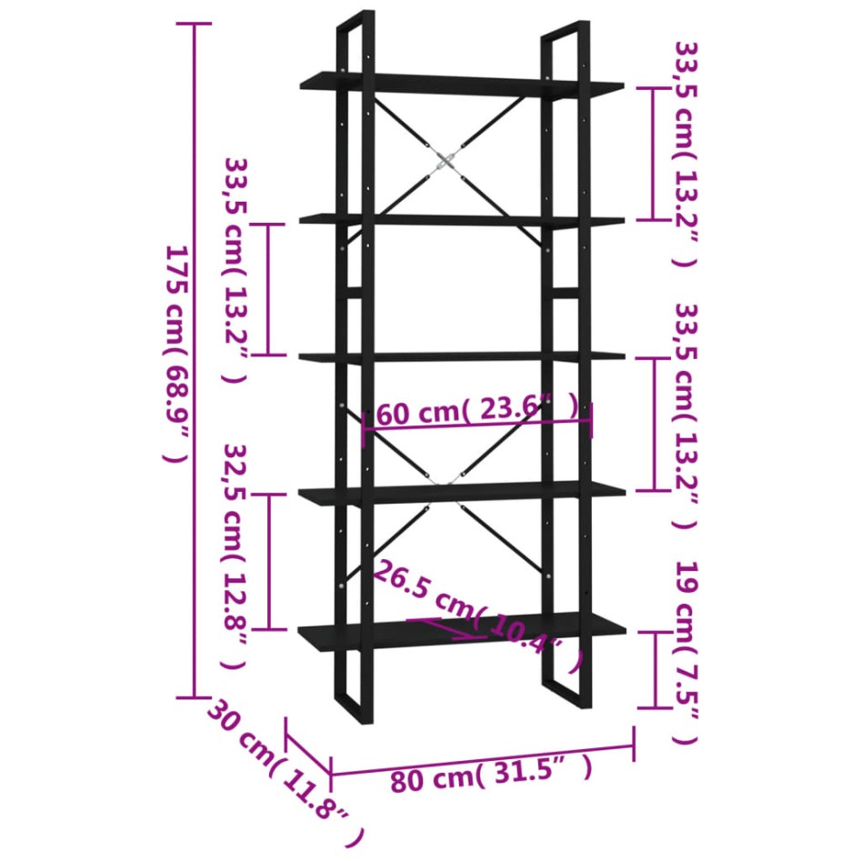 Estantería de 5 niveles madera de ingeniería negra 80x30x175