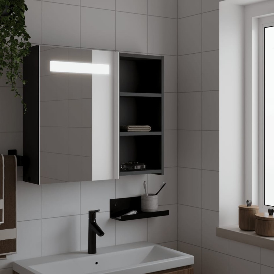 Mueble de baño con espejo y luz LED negro 60x13x52