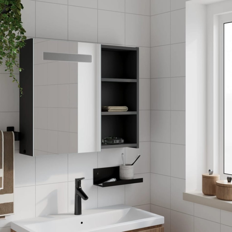Mueble de baño con espejo y luz LED negro 60x13x52