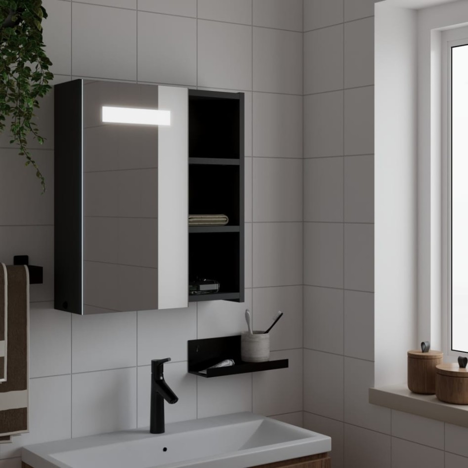 Mueble de baño con espejo y luz LED negro 45x13x52