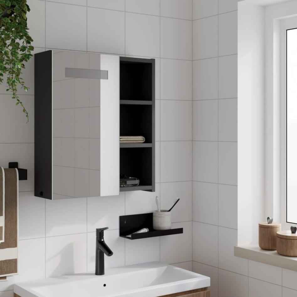 Mueble de baño con espejo y luz LED negro 45x13x52