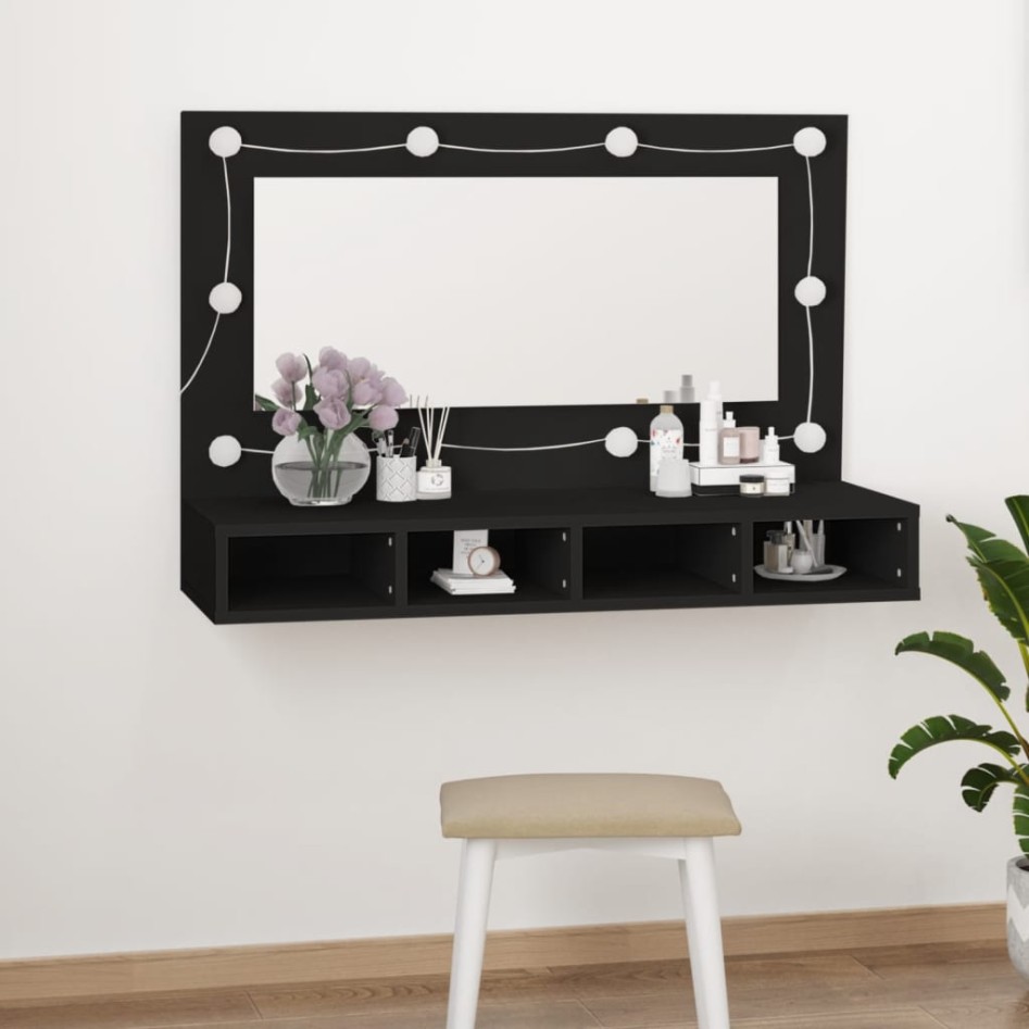 Mueble con espejo y LED negro 90x31,5x62