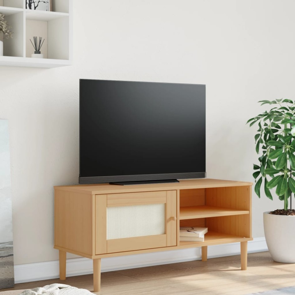 Mueble de TV SENJA aspecto ratán madera pino marrón