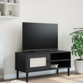 Mueble de TV SENJA aspecto ratán madera pino negro 106x40x49