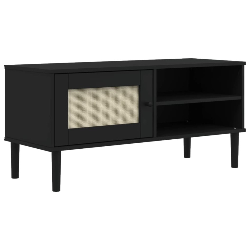 Mueble de TV SENJA aspecto ratán madera pino negro 106x40x49