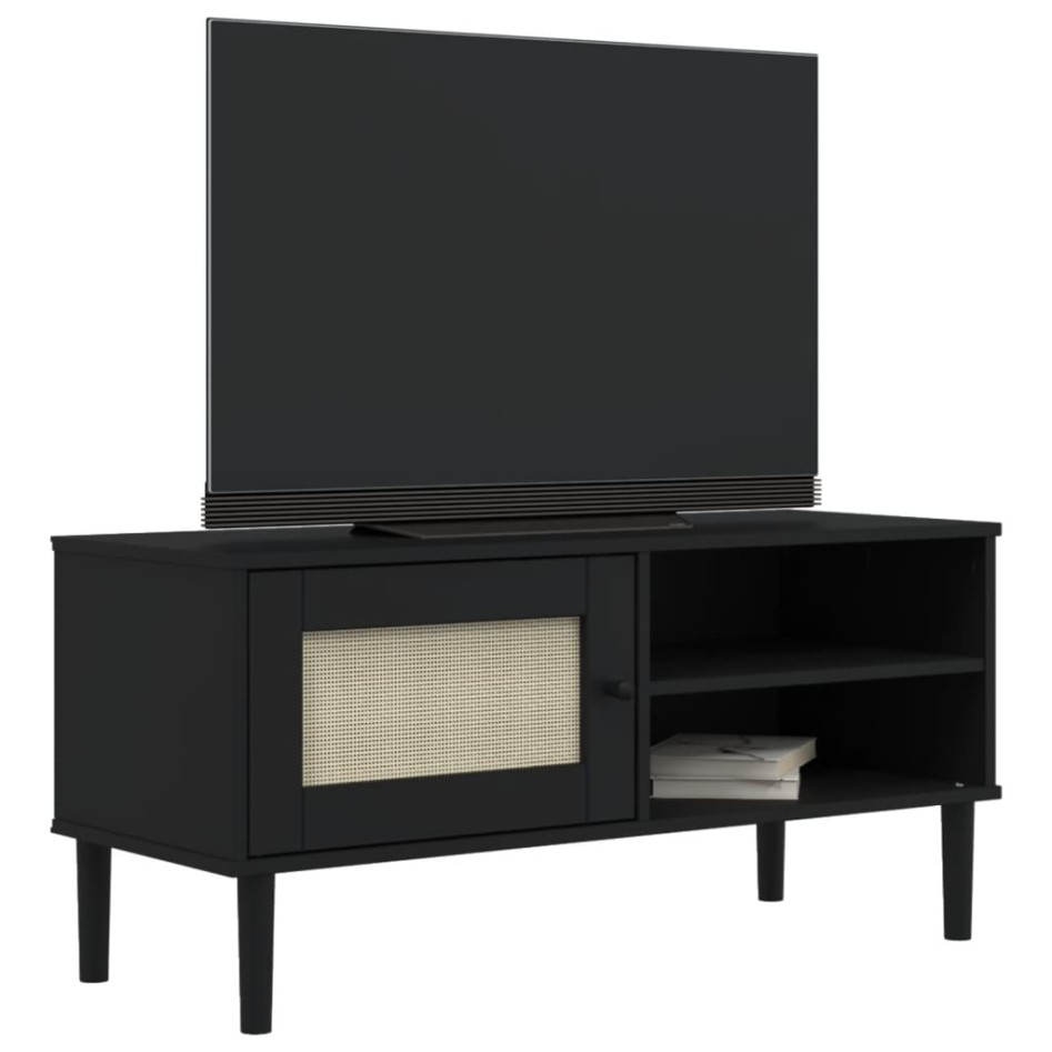 Mueble de TV SENJA aspecto ratán madera pino negro 106x40x49